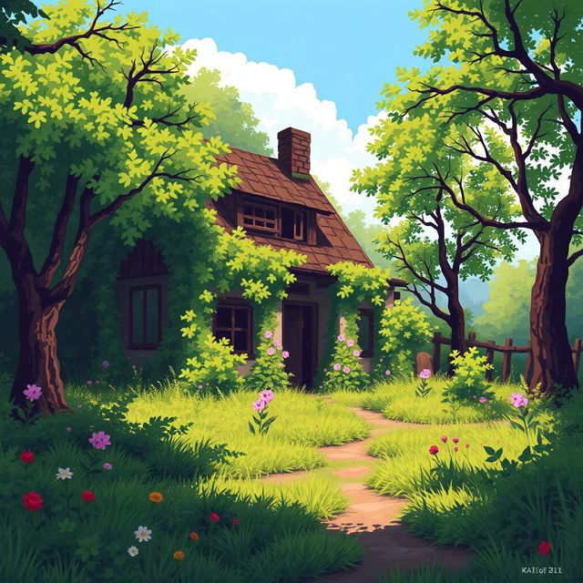 A pixel art scene of a sunny summer day