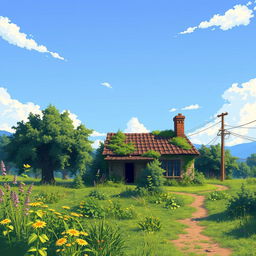 A pixel art scene of a sunny summer day featuring an overgrown village plot with a half-abandoned house