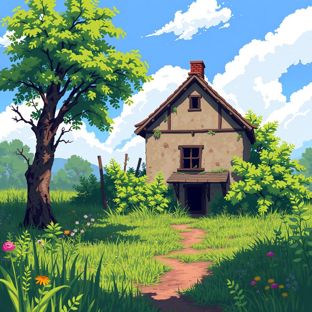 A pixel art scene of a sunny summer day featuring an overgrown village plot with a half-abandoned house