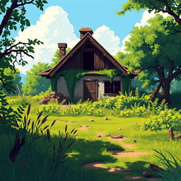 A pixel art scene of a sunny summer day featuring an overgrown village plot with a half-abandoned house