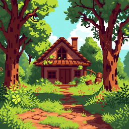 A pixel art scene of a sunny summer day featuring an overgrown village plot with a half-abandoned house