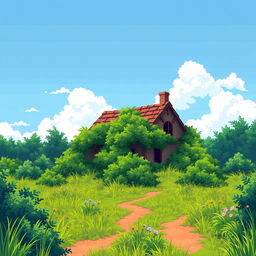 A pixel art scene of a sunny summer day featuring a village plot overgrown with bushes and a half-abandoned house