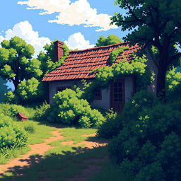 A pixel art scene of a sunny summer day featuring a village plot overgrown with bushes and a half-abandoned house