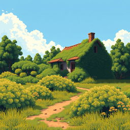 A pixel art scene of a sunny summer day featuring a village plot overgrown with bushes and a half-abandoned house