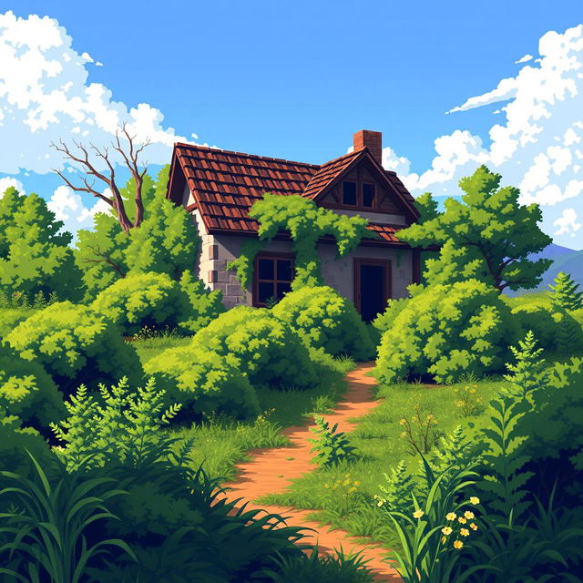 A pixel art scene of a sunny summer day featuring a village plot overgrown with bushes and a half-abandoned house