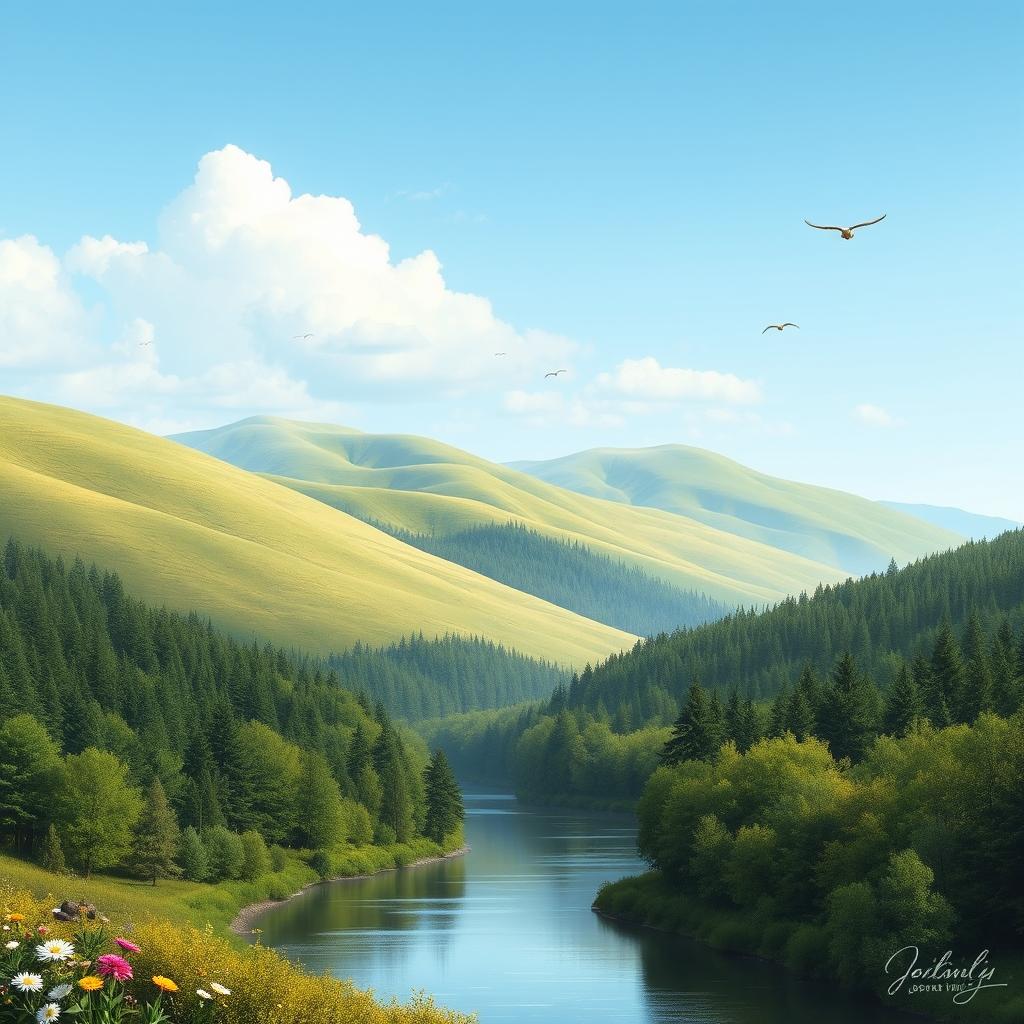 A serene landscape featuring a clear blue sky, rolling green hills, and a calm river flowing through a forest