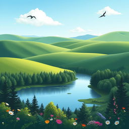 A serene landscape featuring a clear blue sky, rolling green hills, and a calm river flowing through a forest