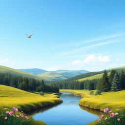 A serene landscape featuring a clear blue sky, rolling green hills, and a calm river flowing through a forest