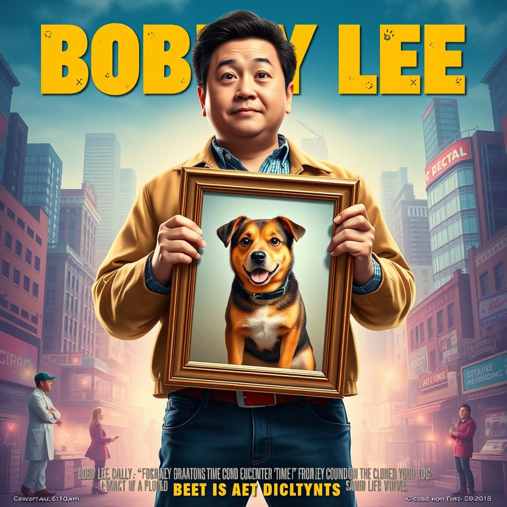 A movie poster featuring Bobby Lee, who is on a mission to raise money to clone his deceased dog