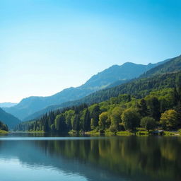 A serene landscape featuring a calm lake surrounded by lush green trees and mountains in the background under a clear blue sky