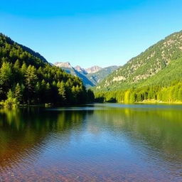 A serene landscape featuring a calm lake surrounded by lush green trees and mountains in the background under a clear blue sky