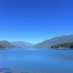 A serene landscape featuring a calm lake surrounded by lush green trees and mountains in the background under a clear blue sky