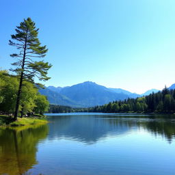 A serene landscape featuring a calm lake surrounded by lush green trees and mountains in the background under a clear blue sky