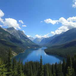 A beautiful landscape featuring a serene lake surrounded by mountains and lush forests, with a clear blue sky and fluffy white clouds