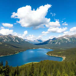 A beautiful landscape featuring a serene lake surrounded by mountains and lush forests, with a clear blue sky and fluffy white clouds