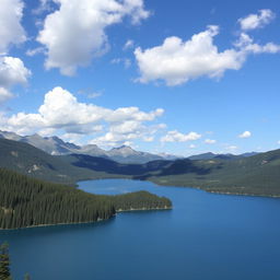 A beautiful landscape featuring a serene lake surrounded by mountains and lush forests, with a clear blue sky and fluffy white clouds