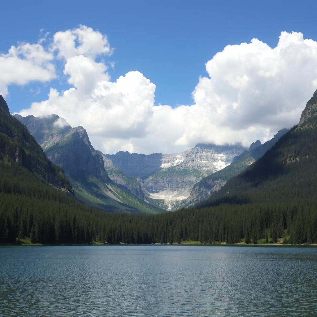 A beautiful landscape featuring a serene lake surrounded by mountains and lush forests, with a clear blue sky and fluffy white clouds