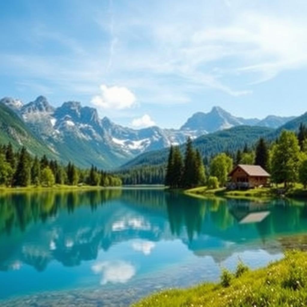 Create an image of a beautiful, serene landscape with mountains in the background, a clear blue sky, and a tranquil lake reflecting the scenery