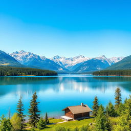 Create an image of a beautiful, serene landscape with mountains in the background, a clear blue sky, and a tranquil lake reflecting the scenery