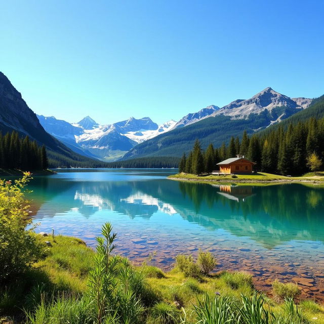 Create an image of a beautiful, serene landscape with mountains in the background, a clear blue sky, and a tranquil lake reflecting the scenery