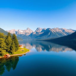 Create an image of a beautiful, serene landscape with mountains in the background, a clear blue sky, and a tranquil lake reflecting the scenery