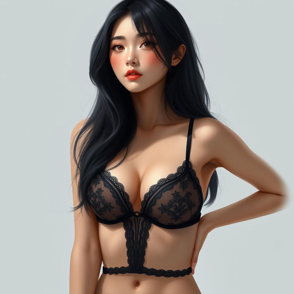 A realistic full-body depiction of an 18-year-old Korean girl with a slim build and black hair