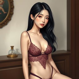 A realistic full-body depiction of an 18-year-old Korean girl with a slim build and black hair