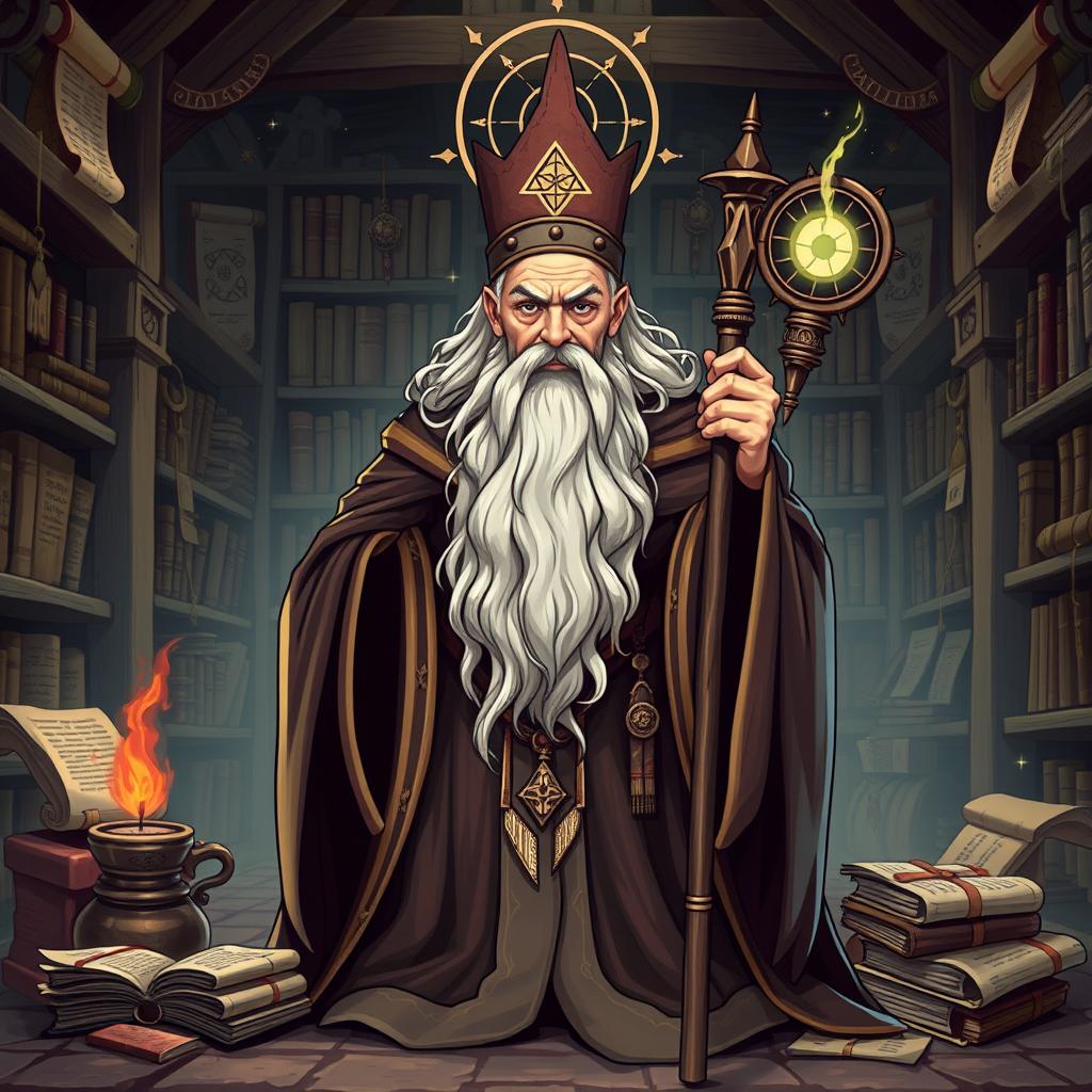 A wise sage archetype, depicted as an elderly figure with a long beard, wearing ancient robes, holding a staff, and surrounded by mystical symbols and books