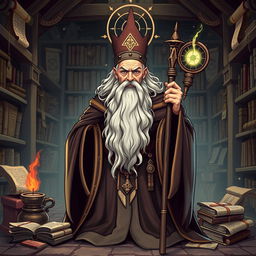 A wise sage archetype, depicted as an elderly figure with a long beard, wearing ancient robes, holding a staff, and surrounded by mystical symbols and books