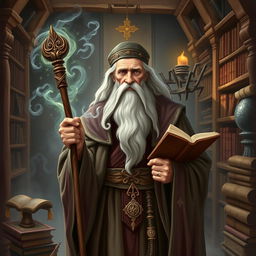 A wise sage archetype, depicted as an elderly figure with a long beard, wearing ancient robes, holding a staff, and surrounded by mystical symbols and books