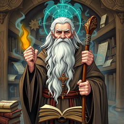 A wise sage archetype, depicted as an elderly figure with a long beard, wearing ancient robes, holding a staff, and surrounded by mystical symbols and books