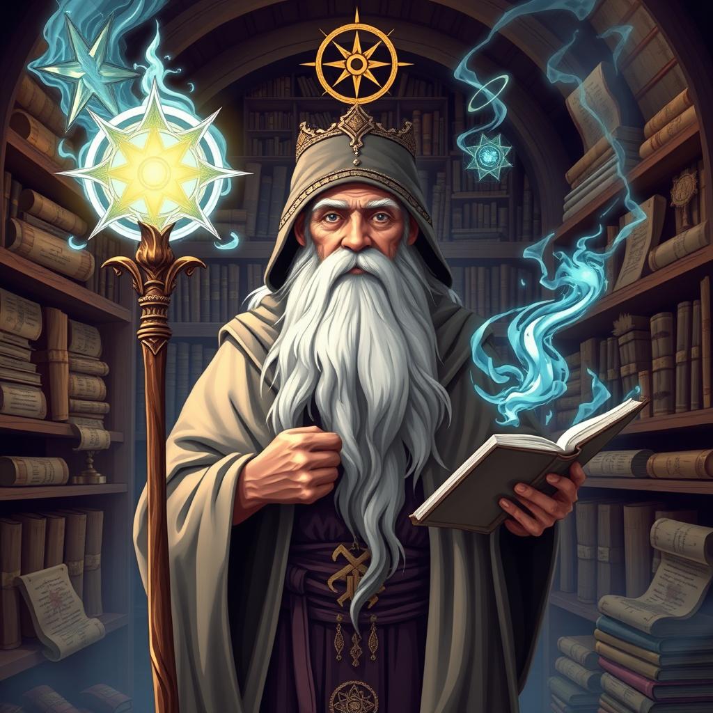 A wise sage archetype, depicted as an elderly figure with a long beard, wearing ancient robes, holding a staff, and surrounded by mystical symbols and books