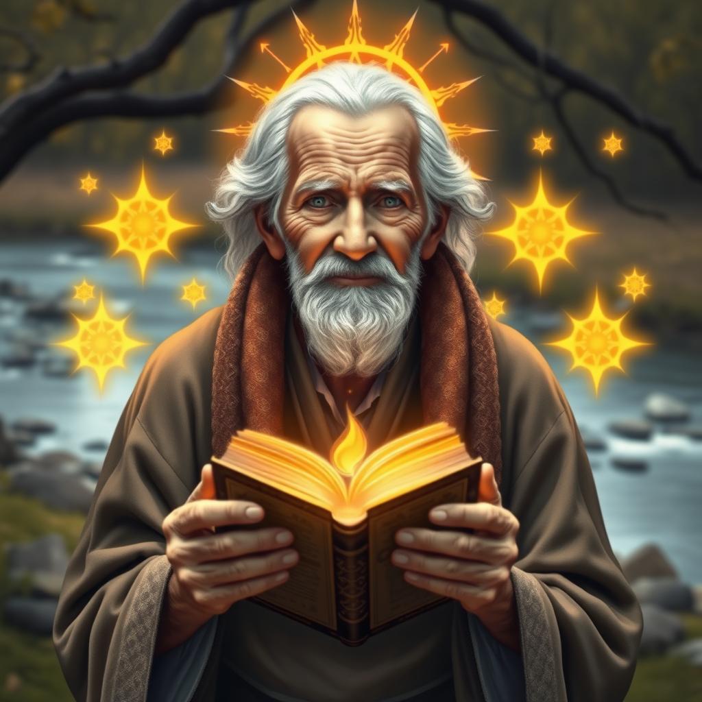 A representation of wisdom, featuring an elderly person with a serene expression, holding an ancient book and surrounded by glowing symbols of knowledge