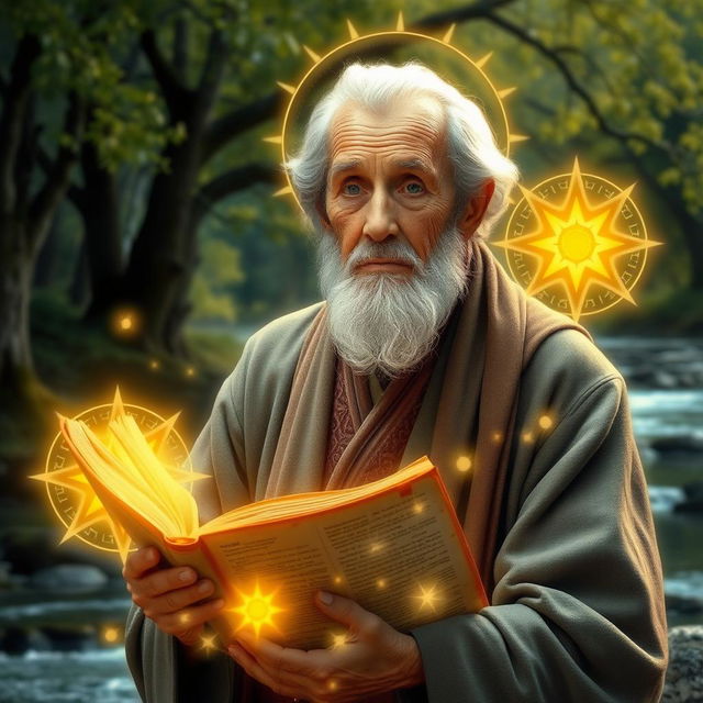 A representation of wisdom, featuring an elderly person with a serene expression, holding an ancient book and surrounded by glowing symbols of knowledge