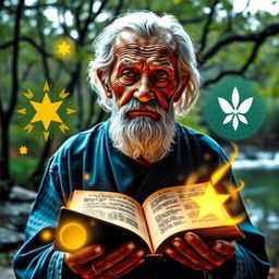 A representation of wisdom, featuring an elderly person with a serene expression, holding an ancient book and surrounded by glowing symbols of knowledge