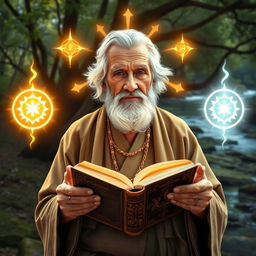 A representation of wisdom, featuring an elderly person with a serene expression, holding an ancient book and surrounded by glowing symbols of knowledge