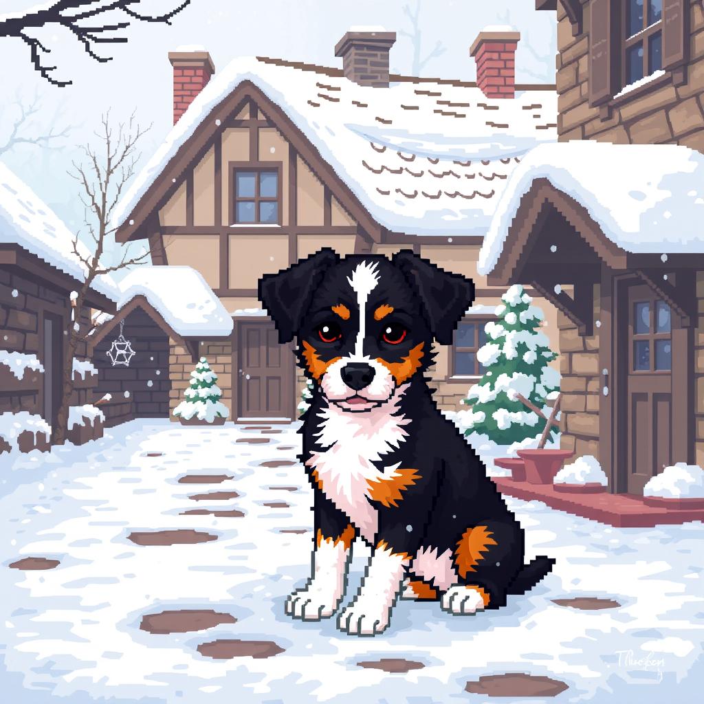 Create a pixel art image of a small beautiful mongrel puppy sitting in the courtyard of a village house during winter