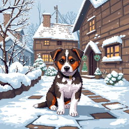 Create a pixel art image of a small beautiful mongrel puppy sitting in the courtyard of a village house during winter