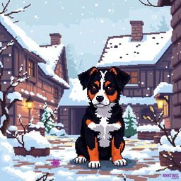 Create a pixel art image of a small beautiful mongrel puppy sitting in the courtyard of a village house during winter