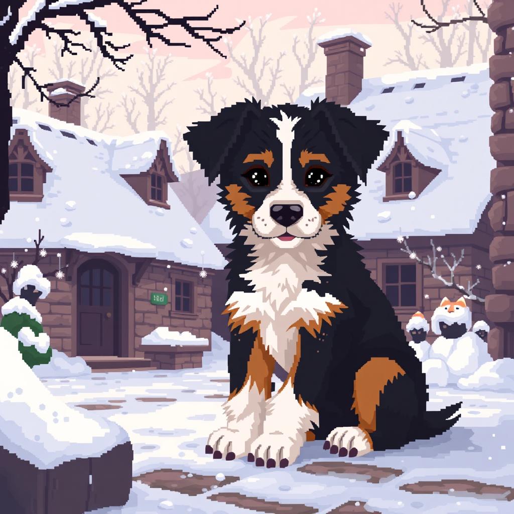 Create a pixel art image of a small beautiful mongrel puppy sitting in the courtyard of a village house during winter