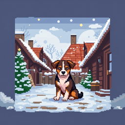 Create a pixel art image of a small beautiful mongrel puppy sitting in the courtyard of a village house during winter