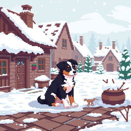 Create a pixel art image of a small beautiful mongrel puppy sitting in the courtyard of a village house during winter