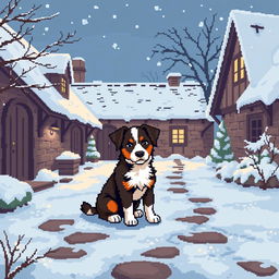 Create a pixel art image of a small beautiful mongrel puppy sitting in the courtyard of a village house during winter