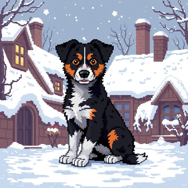 Create a pixel art image of a small beautiful mongrel puppy sitting in the courtyard of a village house during winter