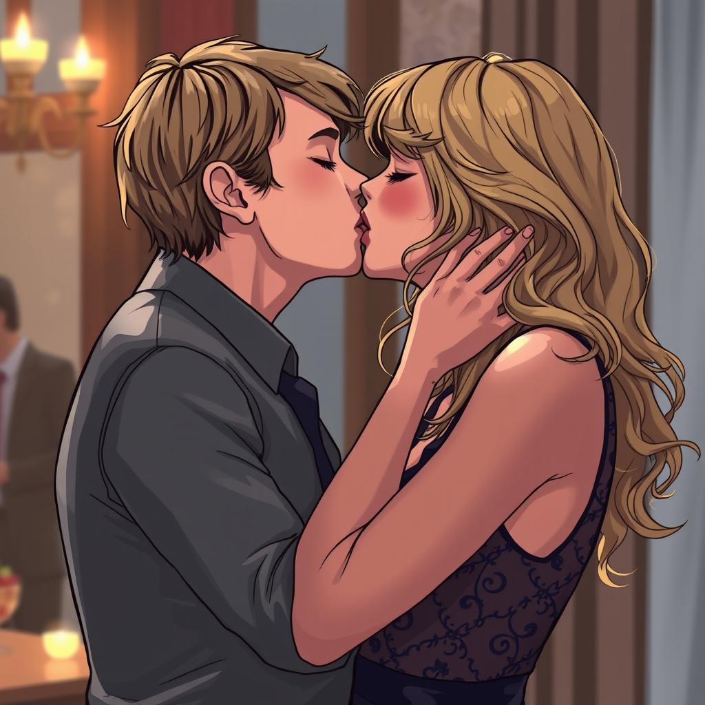 A detailed illustration of Taylor Swift engaged in a passionate French kiss