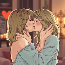 A detailed illustration of Taylor Swift engaged in a passionate French kiss