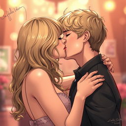 A detailed illustration of Taylor Swift engaged in a passionate French kiss