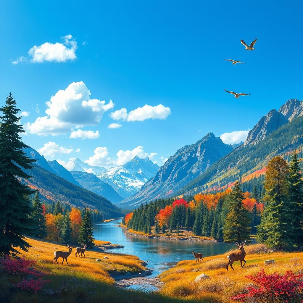 Create an image with a beautiful landscape featuring mountains, a river, and a forest