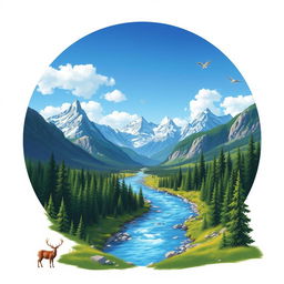 Create an image with a beautiful landscape featuring mountains, a river, and a forest