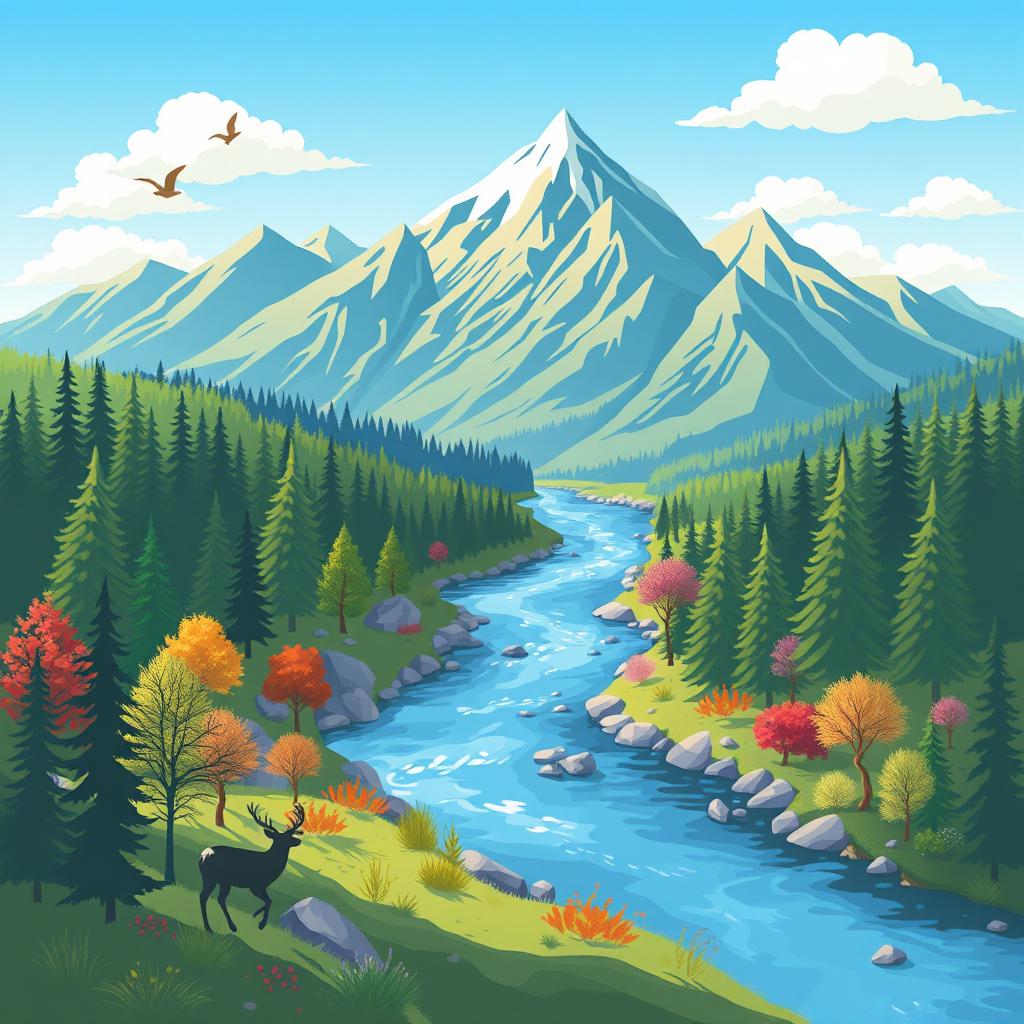 Create an image with a beautiful landscape featuring mountains, a river, and a forest